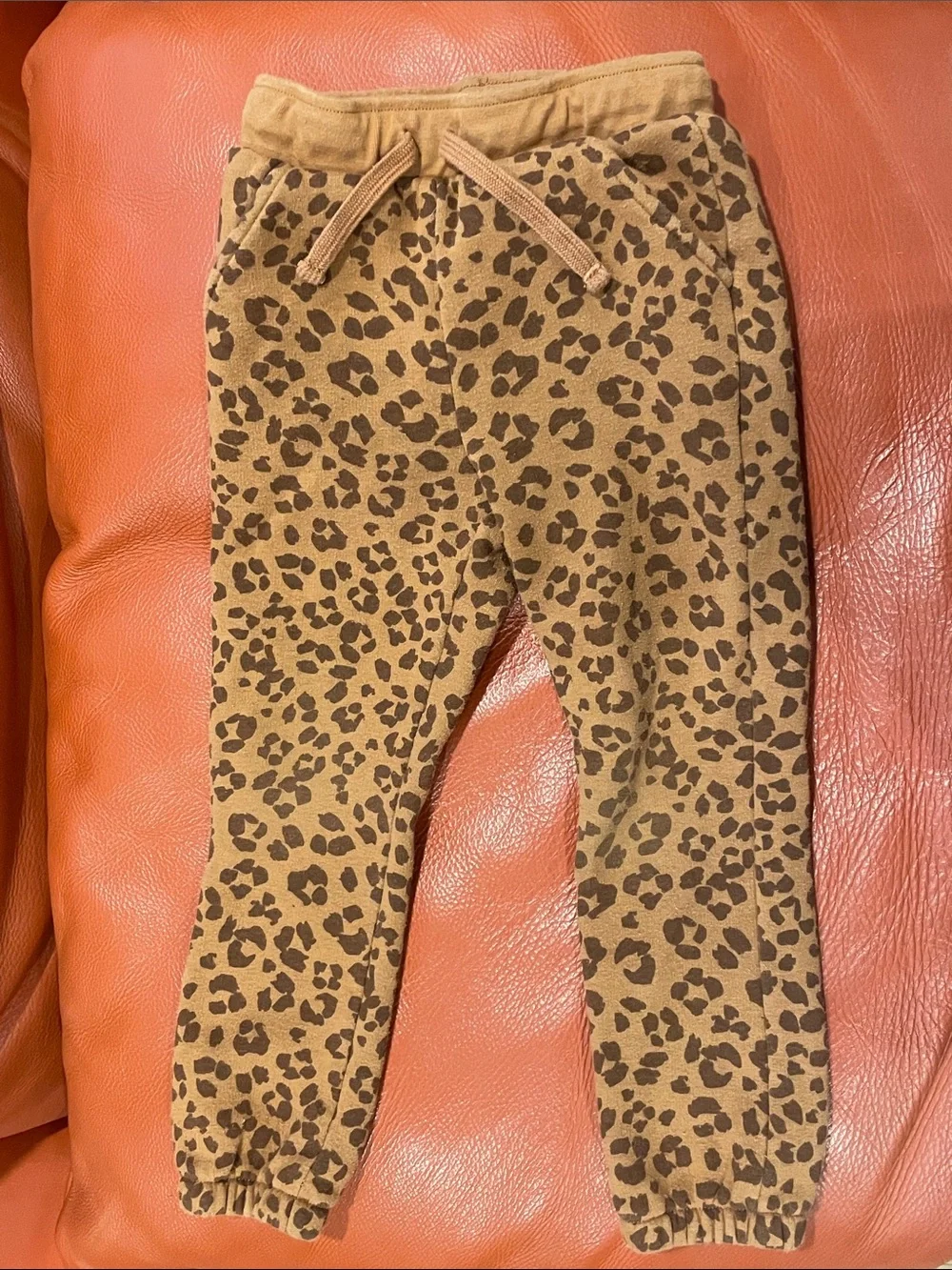 H&M Beige Chunky Knit Crewneck Sweater w/ leopard Okie Dokie jogger pants sz 4